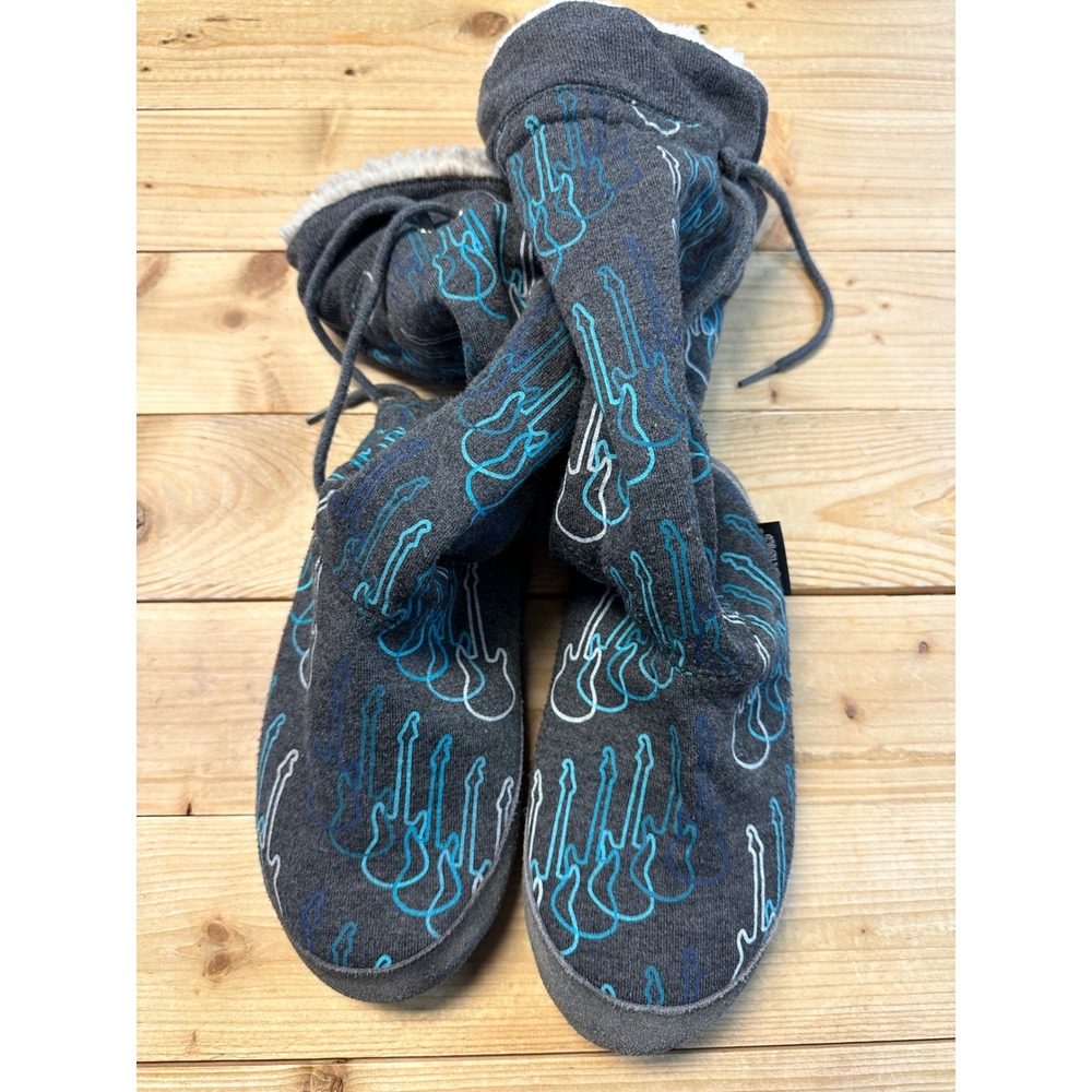 Muk Luks Kids Small 5-6 Grey Guitar Print‎ Cozy Boot Slippers Lined